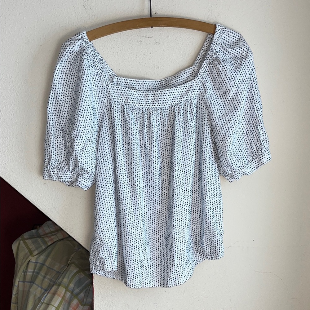 LOFT White and Blue‎ Patterned Puff Sleeve Square neck Peasant Blouse M